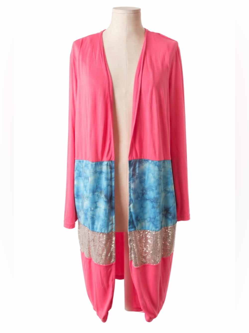 Lucky & Blessed Coral Duster Cardigan Sequin Hem Open Front Boho M NWT
